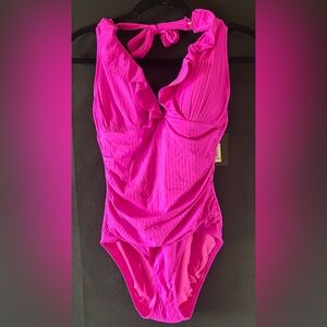 ELLETRACY Bright Orchid Ruched One Piece Swimsuit Size 8 NWT